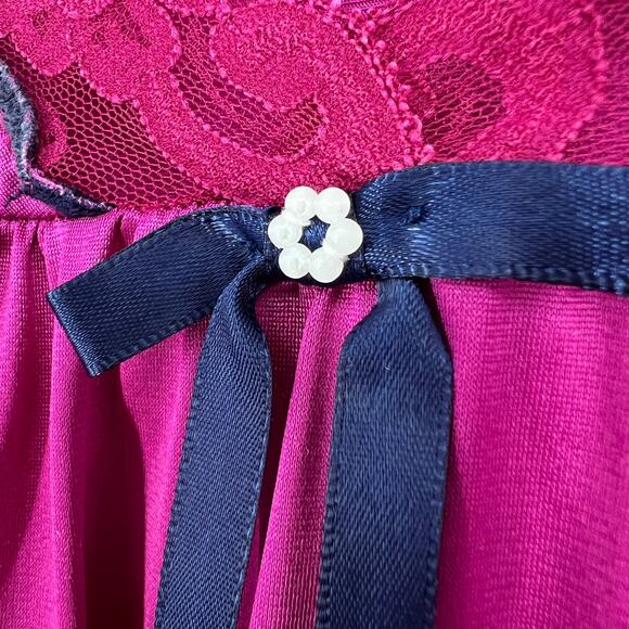 Vintage 80s Vanity Fair Satin Nightgown Dress Fuchsia Pink Blue Midi Lace USA - Picture 3 of 7